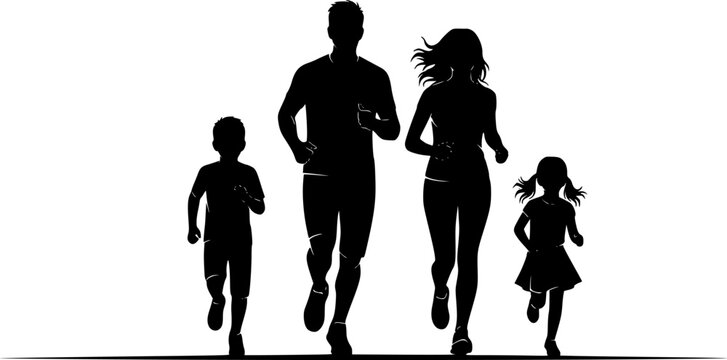 Running family silhouettes, fitness activity, healthy lifestyle, parent and child jogging, black vector art, outdoor exercise, bonding momentRunning family silhouettes 
