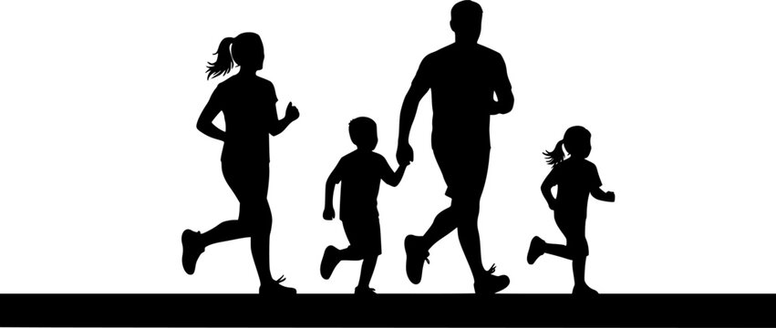 Running family silhouettes, fitness activity, healthy lifestyle, parent and child jogging, black vector art, outdoor exercise, bonding momentRunning family silhouettes 
