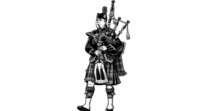 Traditional Scottish bagpiper musician in kilt, cultural heritage performance, bagpipes music, Highland attire, Celtic festival celebration, marching band parade illustration 
