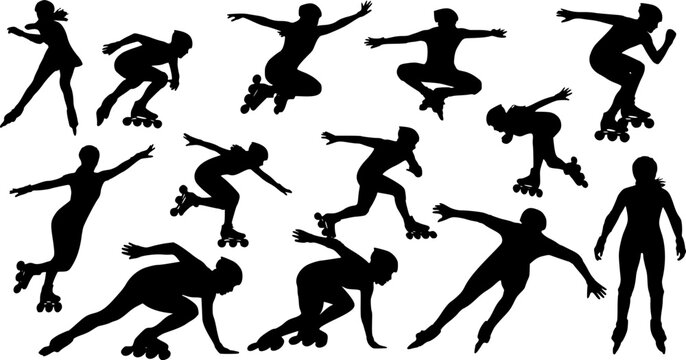 Roller Skating Silhouettes, Inline Skating Moves, Speed Skating Poses, Skaters in Action, Roller Dance Silhouettes, Skating Tricks
