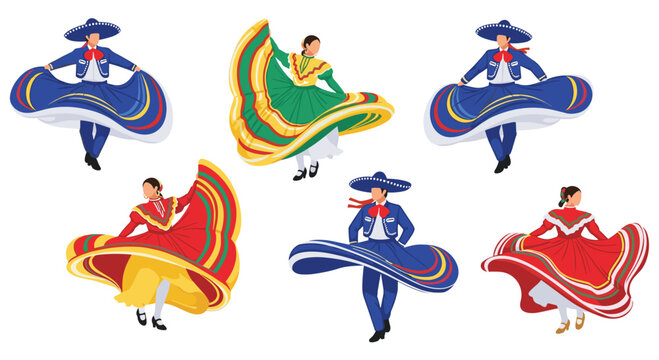 This collection of five Mexican folk dancers showcases various dynamic poses and colorful traditional costumes including blue charro suits and vibrant dresses.
