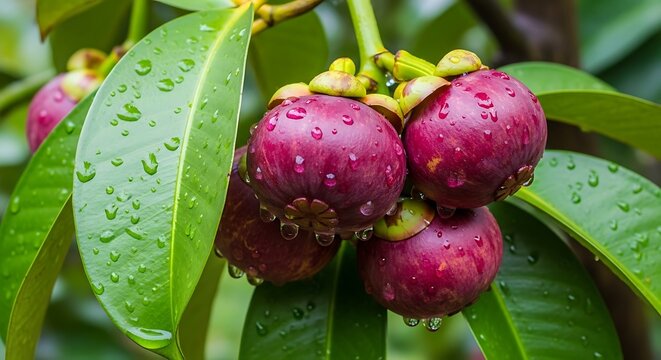 Purple mangosteen fruits cluster on branch, water droplets glisten on skin & leaves