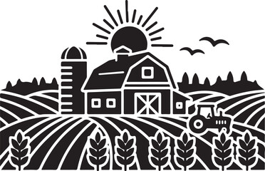 Obraz premium Farm, rural landscape, black and white vector, illustration, agriculture scene, countryside