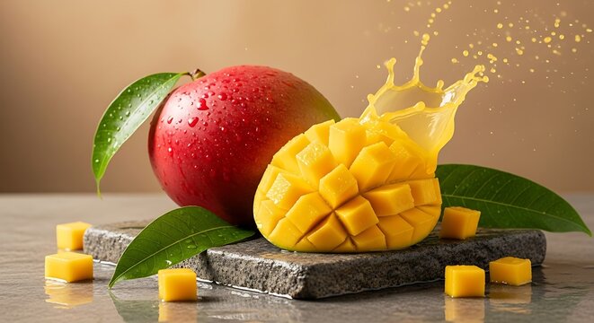 Fresh red mango fruit splash with juice droplets on stone board and scattered yellow cubes showing tropical summer vibes and healthy organic dessert snack concept for nutrition and food photography
