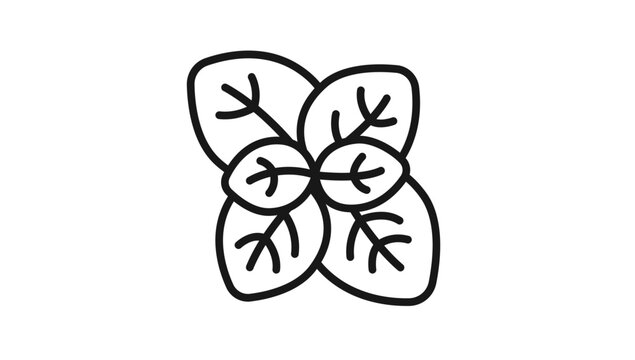 Fresh basil or mint leaves cluster black line art vector icon illustration, minimalist outline symbol for culinary, cooking, gardening, healthy lifestyle, and organic food graphic design projects