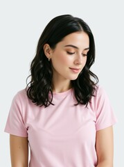 Fototapeta premium Vertical portrait of a young woman looking down with a gentle smile. Casual female in a pink t-shirt against a clean studio background