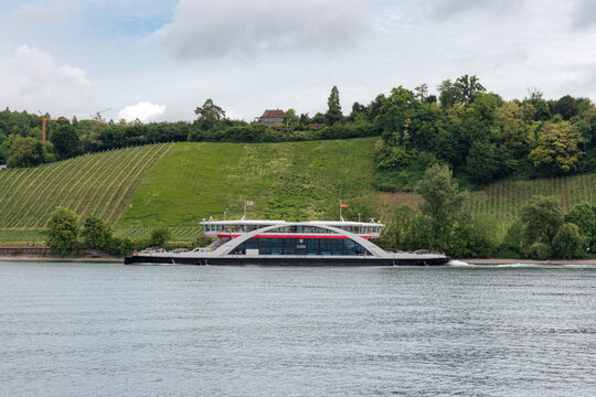 Meersburg, Germany- May 29, 2025: Stadtwerke Konstanz company, LODI car ferry boat connecting Konstanz and Meersburg cities by Constance lake (Bodensee)