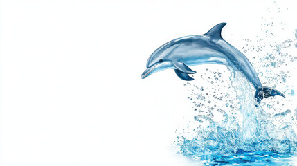 Obraz premium Vibrant watercolor illustration of playful dolphin leaping from water, creating splashes and waves, evoking sense of joy and freedom