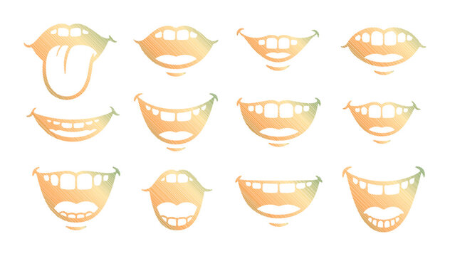 Collection of diverse mouths and smiles expressing various emotions and actions
