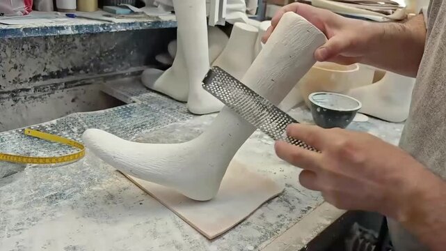 Crafting orthopedic shoe molds, a skilled artisan shapes a plaster foot model using a rasp tool, showcasing detailed craftsmanship in a workshop environment