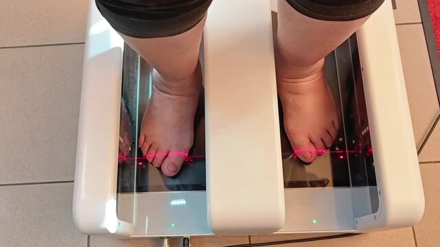 Feet positioned in orthopedic shoe fitting device, showcasing foot contours and measurements under bright lights in a clinical setting for custom footwear production