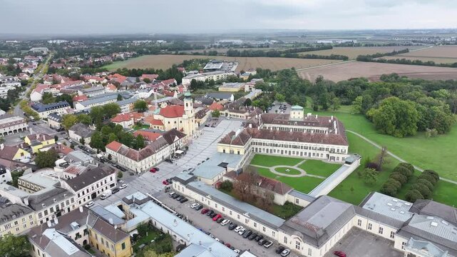 Drone view of historic church in Laxenburg Austria.