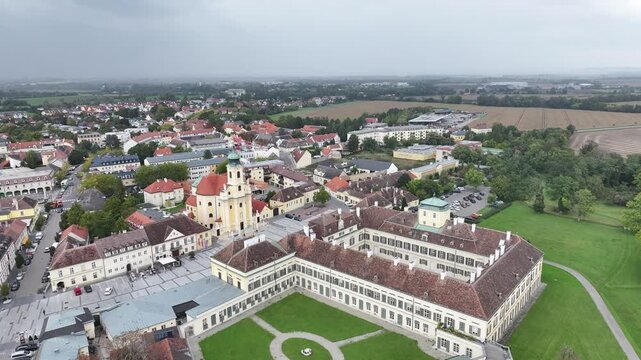 Close aerial of Laxenburg church architecture Austria.