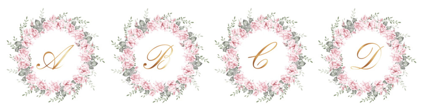 Floral alphabet letters A, B, C, D with gold monogram inside pink rose wreaths, elegant botanical initials for wedding invitations, logos, branding and romantic design elements