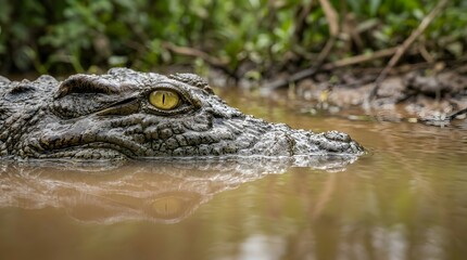Fototapeta premium Crocodile partially submerged in muddy water with intense gaze