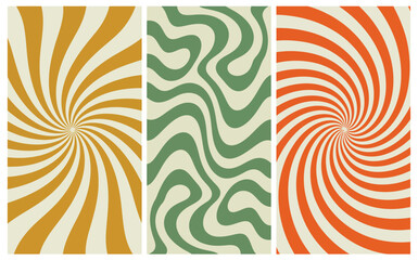Fototapeta premium Three abstract vector graphic designs featuring swirling patterns and wavy retro lines