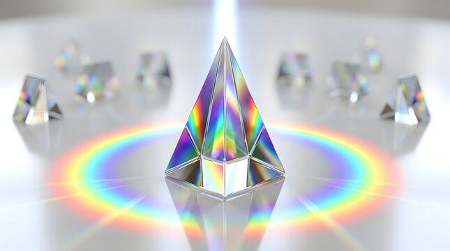 Crystal prism with rainbow light reflections on reflective surface