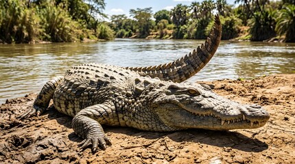 Fototapeta premium Large crocodile resting on riverbank in natural wildlife habitat