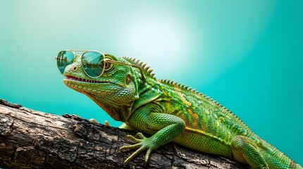 Fototapeta premium Cool iguana wearing sunglasses on a tree branch against turquoise background