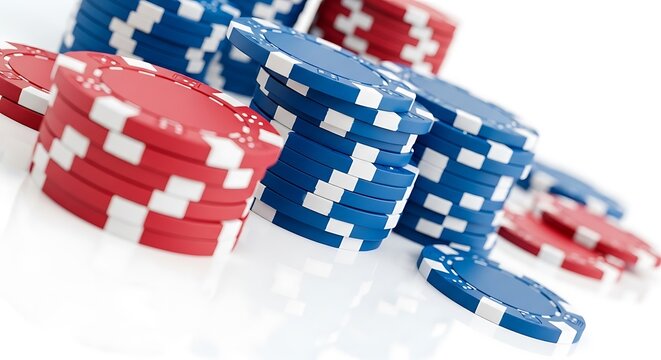 Stacks of red and blue casino chips on a reflective white surface, angled perspective