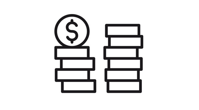 Minimalist black line vector icon illustration of stacks of dollar coins, symbolizing wealth, financial savings, investment growth, banking, and currency management for business concepts.