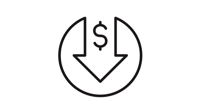 Minimalist black line vector icon illustration of a downward arrow with a dollar sign inside a circle, representing price drop, cost reduction, financial decrease, or economic deflation.