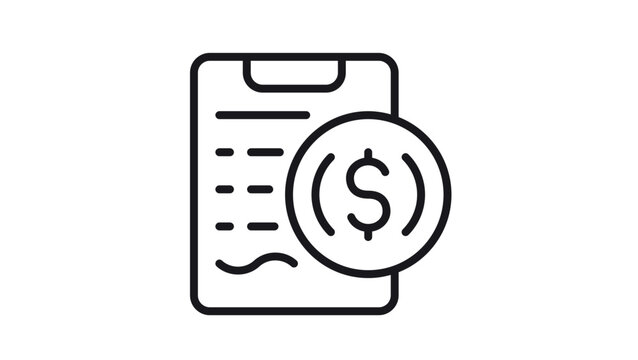 Black vector icon of a clipboard with a dollar sign coin, representing a financial report, invoice, billing document, or business accounting statement in a clean minimalist line art style.