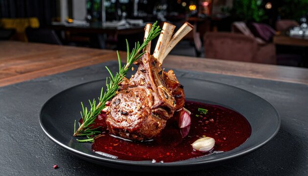 Tender Rack of Lamb Seasoned with Rosemary and Garlic Served with a Rich Red Wine Sauce
