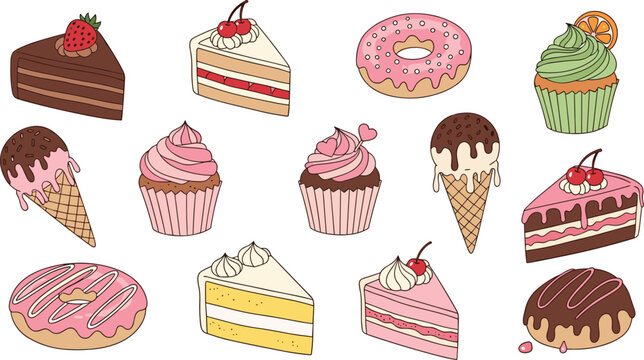 Sweet dessert collection vector illustration with cakes cupcakes donuts and ice cream for bakery and food designs