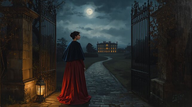 Mysterious woman in red dress at moonlit mansion gate &ndash; cinematic dark night scene