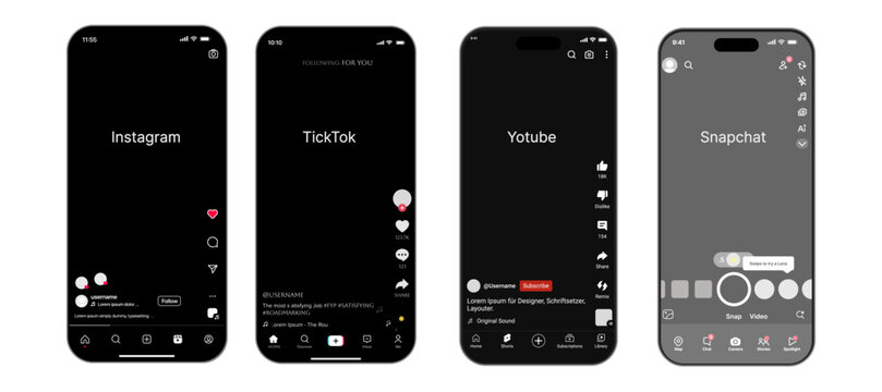 Social Media Video & Story Template Kit &ndash; Instagram, TikTok, YouTube, Snapchat. Instagram, YouTube, TikTok & Facebook UI Mockup with Reels, Shorts, Stories, Posts, Feed, Profile, Messages.

