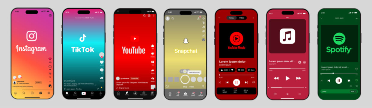 Modern Mobile UI Screens Inspired by Instagram, TikTok, YouTube, Snapchat and Music Apps like Spotify, Apple Music, YouTube Music