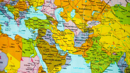 Naklejka premium Map of the Middle East region with a focus on Iran. Detailed political map highlighting Iran's borders and its strategic geographic position in Western Asia.