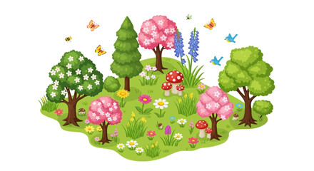 Naklejka premium Isometric flowering plants and trees form a spring garden landscape illustration with cartoon characters of butterflies and insects, rendered in a cheerful, colorful vector design