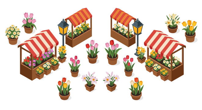 Isometric vector illustration of a spring flower market, featuring flowering plants and characters at stalls with striped awnings, conveying a colorful and cheerful mood against a clean