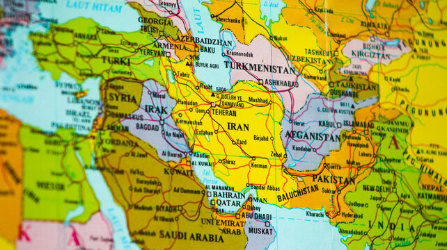 Map of the Middle East region with a focus on Iran. Detailed political map highlighting Iran's borders and its strategic geographic position in Western Asia.