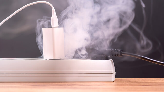 White charger emits smoke from surge protector. Dark backdrop highlights electrical hazard. Wooden surface suggests home or office setting. Overloaded device risks fire