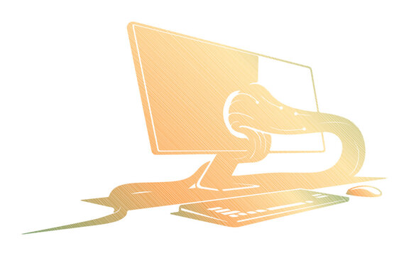 Abstract illustration of a computer monitor and keyboard intertwined with flowing lines, suggesting connection and data flow.