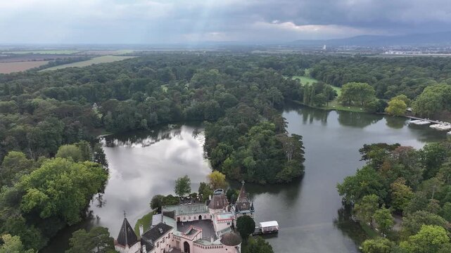 Drone shot of Franzensburg castle and lake in Laxenburg Austria.