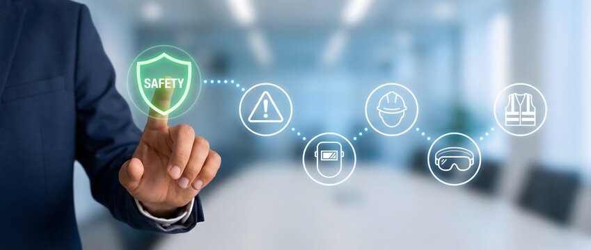 Businessman is touching a glowing shield icon labeled "safety", connected to a series of other workplace protection symbols.