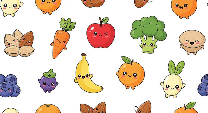 Cute cartoon fruits and vegetables with happy faces, repeating pattern