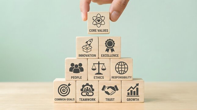 Hand places a "core values" wooden block on top of a pyramid showcasing essential company principles.