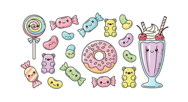 A whimsical collection of adorable, smiling candies, donuts, and a milkshake