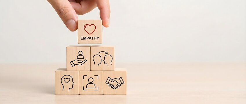 Hand places an "empathy" block with a heart on top of a pyramid of interpersonal connection icons.