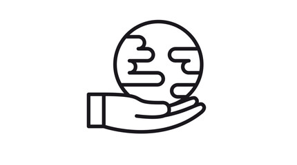 Minimalist black line art vector icon of a human hand holding the planet Earth globe, representing environmental protection, global sustainability, world unity, and ecology concept illustration. © Saima