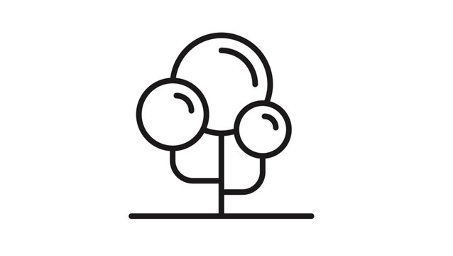 Minimalist black line art vector icon of a stylized tree with three circular foliage clusters on a flat ground line, representing nature, growth, and ecology for modern graphic design projects.