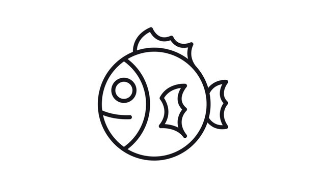 Minimalist black line art vector icon of a cute round cartoon fish with a smiling face and fins, isolated on a white background for aquatic and sea life themed graphic design projects.