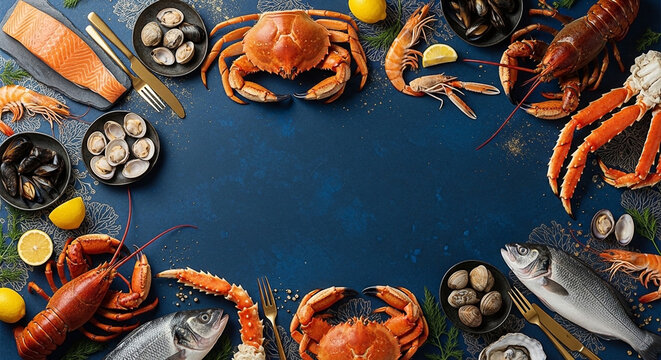 Assortment of fresh seafood, crustaceans, and fish arranged artfully on a dark blue surface