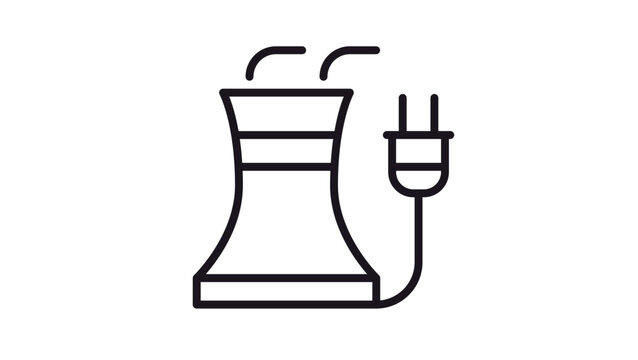 Vector illustration of a nuclear power plant cooling tower with an electric plug, representing atomic energy generation, electricity supply, and industrial power station symbol in black.