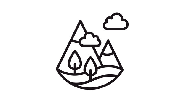 Minimalist black line art vector icon of a mountain landscape featuring snow-capped peaks, evergreen trees, rolling hills, and fluffy clouds, isolated on a white background for graphic design.